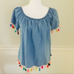 Denim Peasant Top with Tassels 🌴🌴🌴Size Large